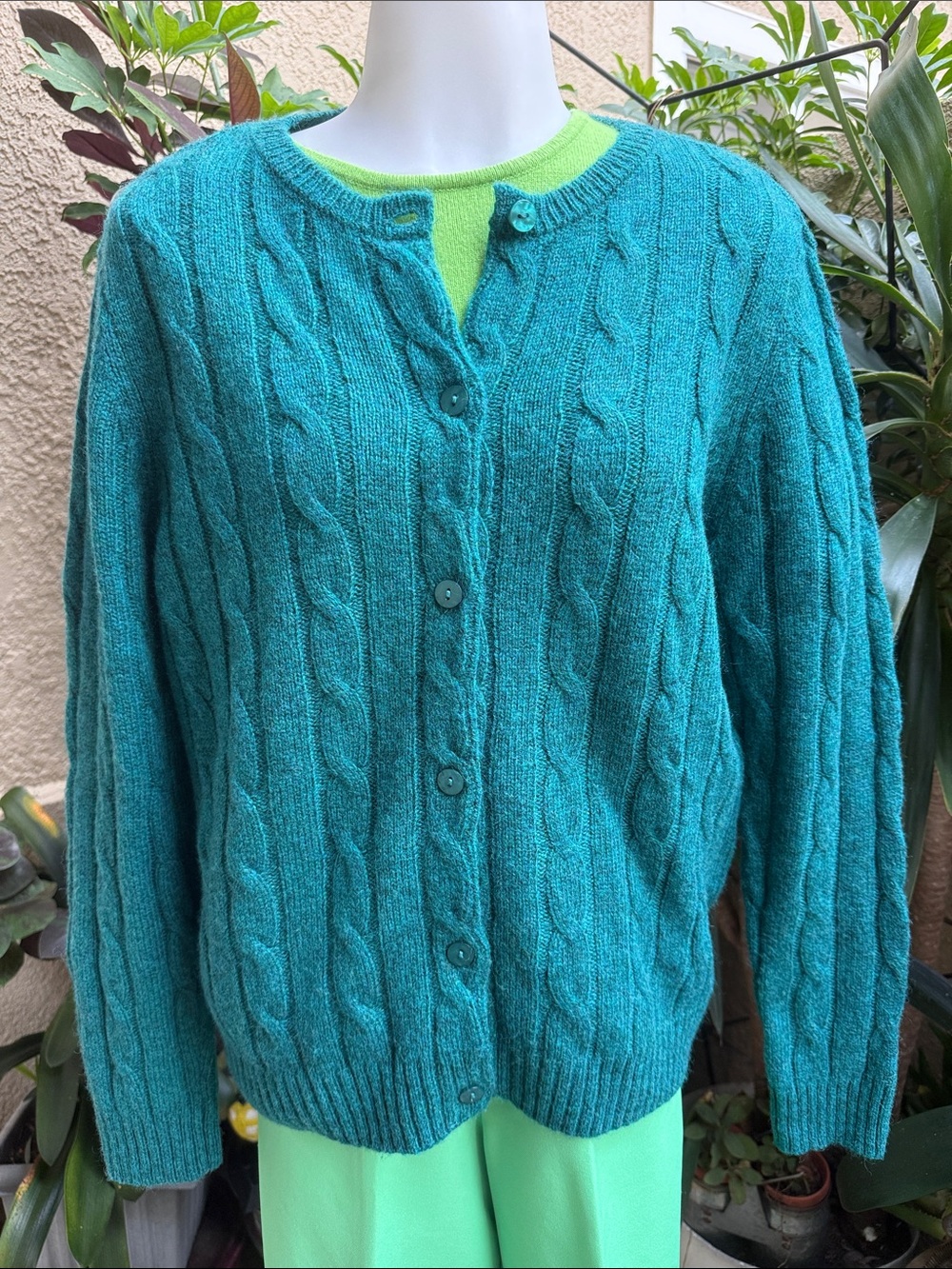 Vintage Teal AppleSeeds Cable-Knit Button Wool Cardigan Sweater